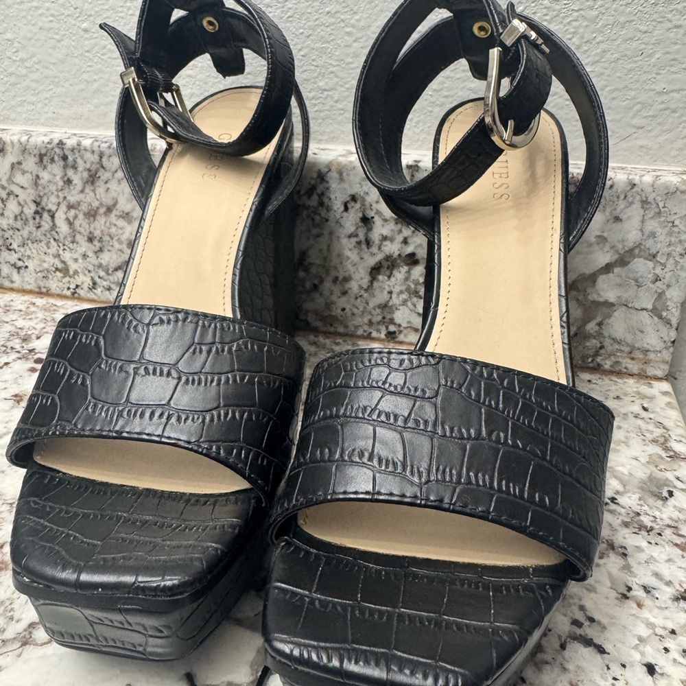 Guess Black Crocodile-Embossed Platform Heels